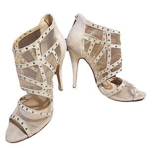Aldo Beige Suede & Mesh Heels with Gold Studs and zipper back.